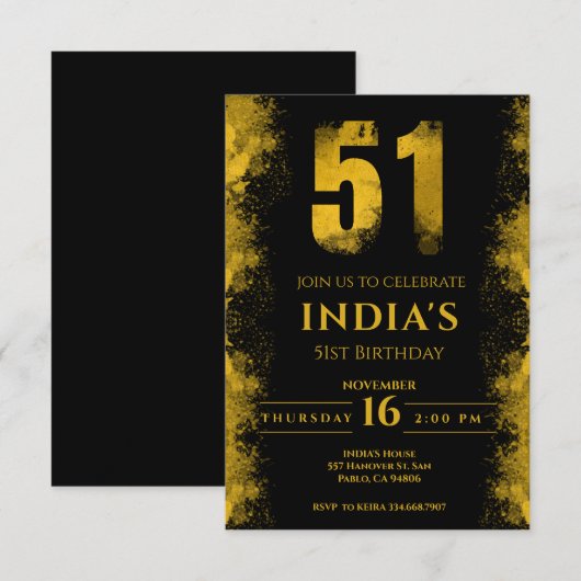Zwart en goud 51ste verjaardagsfeestje kaart (Voorkant / Achterkant)