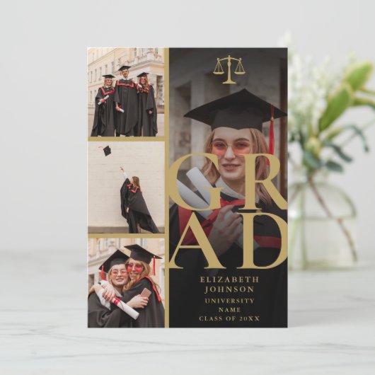 Zwart en Goud 5 Foto Law School Afstudeerfeest Kaart (Staand voorkant)