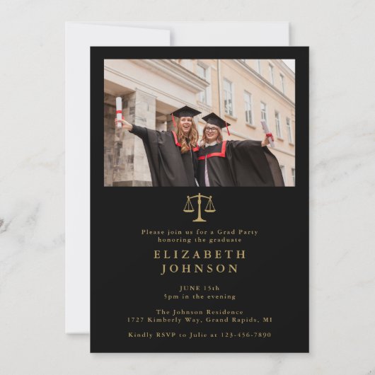 Zwart en Goud 5 Foto Law School Afstudeerfeest Kaart (Achterkant)