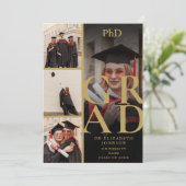 Zwart en Goud 5 Foto PhD Degree Graduation Party Kaart (Staand voorkant)