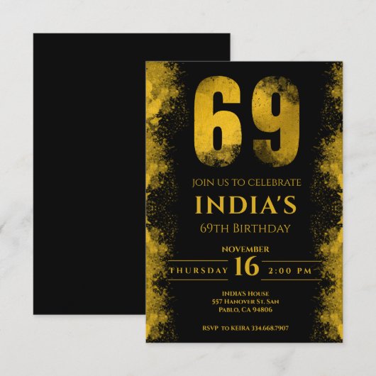 Zwart en Goud 69e Verjaardagsfeestje Kaart (Voorkant / Achterkant)