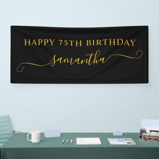 Zwart en Goud 75e Verjaardag Girly Swash Naam Spandoek (Beurs)