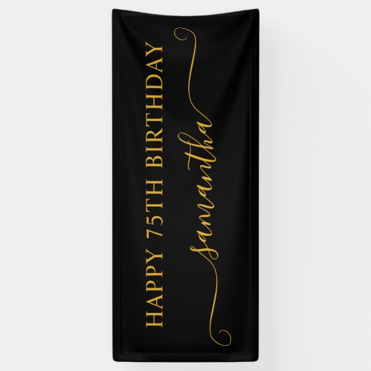 Zwart en Goud 75e Verjaardag Girly Swash Naam Spandoek (Verticaal)