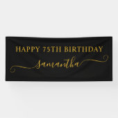 Zwart en Goud 75e Verjaardag Girly Swash Naam Spandoek (Horizontaal)