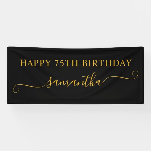 Zwart en Goud 75e Verjaardag Girly Swash Naam Spandoek (Horizontaal)