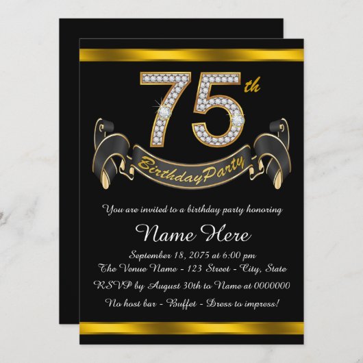 Zwart en Goud 75ste Verjaardagsfeest Kaart (Voorkant / Achterkant)