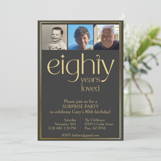 Zwart en Goud 80e Verjaardagsfeestuitnodiging Kaart (Staand voorkant)