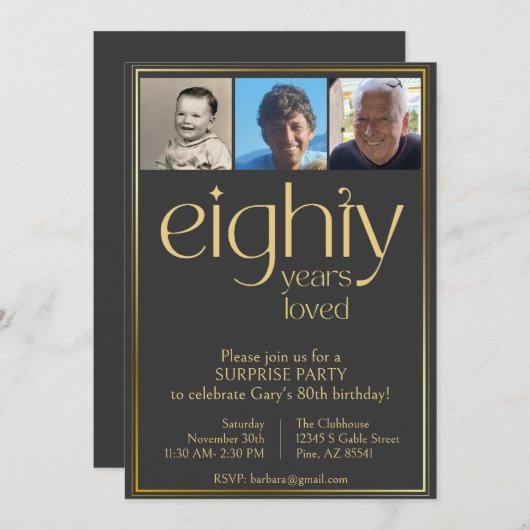 Zwart en Goud 80e Verjaardagsfeestuitnodiging Kaart (Voorkant / Achterkant)
