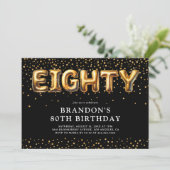 Zwart en goud 80ste verjaardag ballonnen kaart (Staand voorkant)