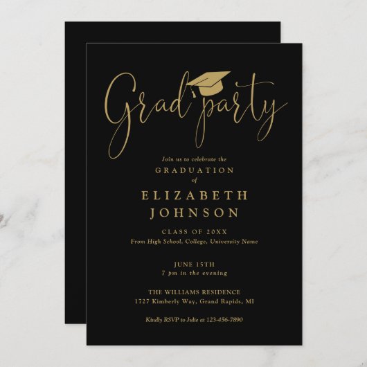 Zwart en Goud Afstudeerder Party Script Afstuderen Kaart (Voorkant / Achterkant)