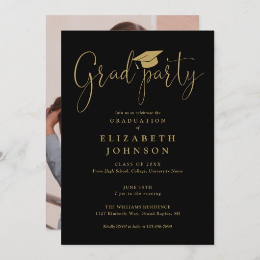 Zwart en Goud Afstudeerder Party Script Foto Afstu Kaart (Voorkant / Achterkant)