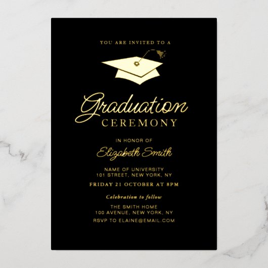 Zwart en goud afstuderen ceremonie folie uitnodiging (Voorkant)