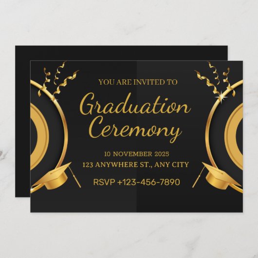 Zwart en goud afstuderen ceremonie kaart (Voorkant / Achterkant)