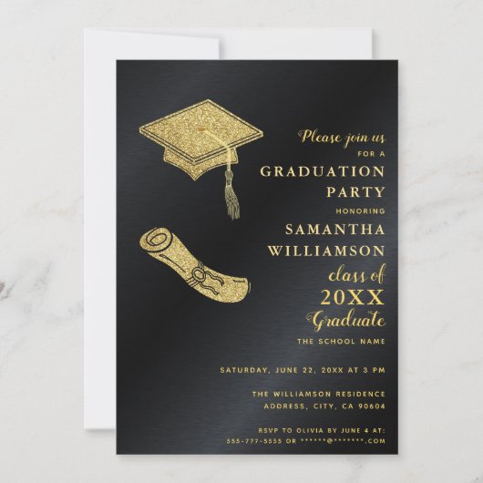 Zwart en Goud Afstuderen Foto Afstudeerfeest Kaart (Voorkant)