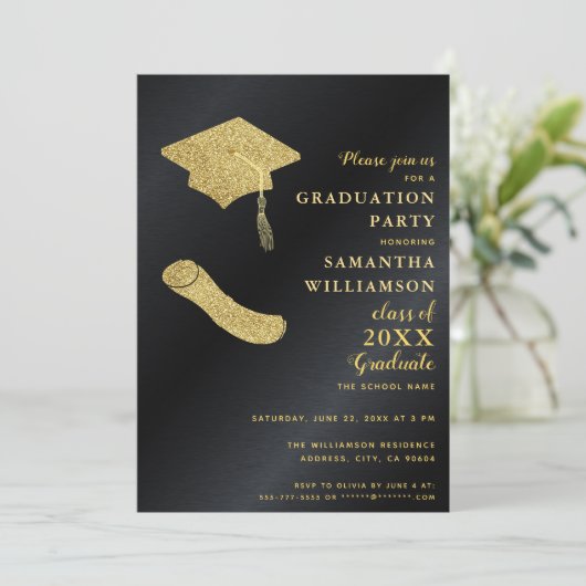 Zwart en Goud Afstuderen Foto Afstudeerfeest Kaart (Staand voorkant)