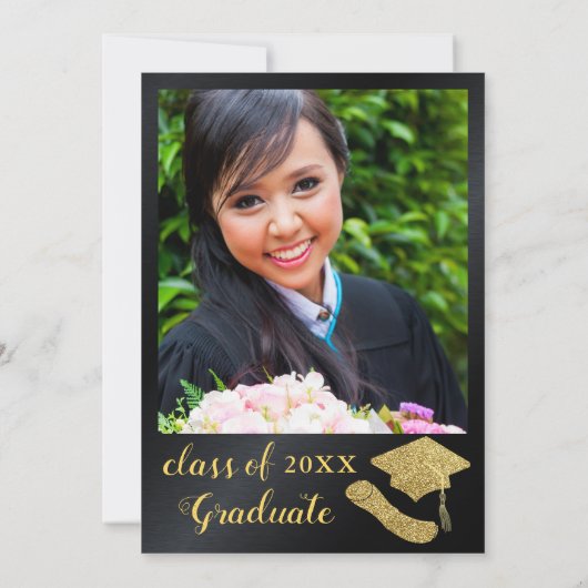 Zwart en Goud Afstuderen Foto Afstudeerfeest Kaart (Achterkant)