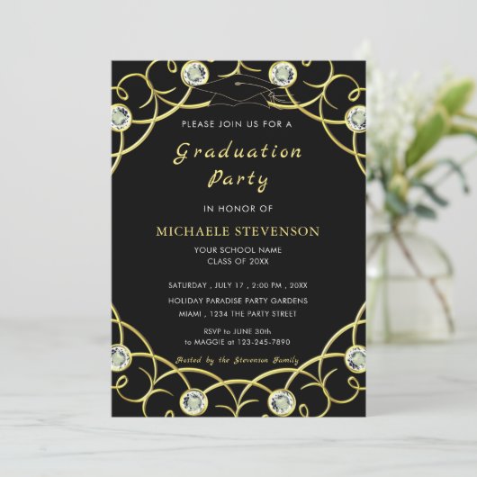 Zwart en Goud Afstuderen Invitation with Diamonds (Staand voorkant)