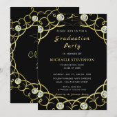 Zwart en Goud Afstuderen Invitation with Diamonds (Voorkant / Achterkant)