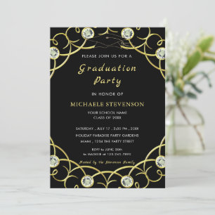Zwart en Goud Afstuderen Invitation with Diamonds