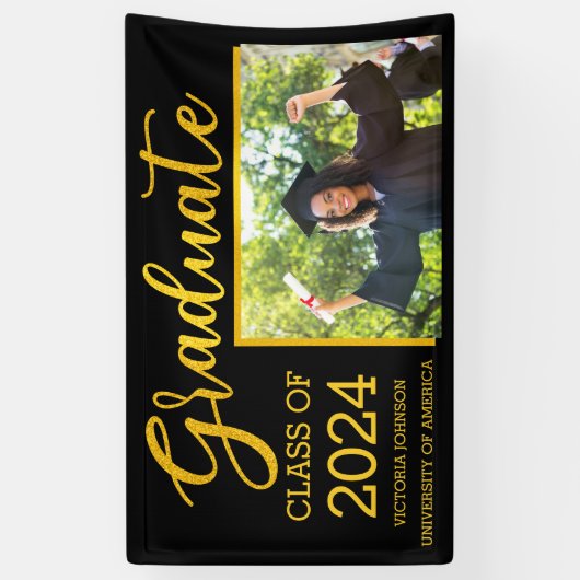 Zwart en Goud Afstuderen Klasse van 2024 Aangepast Spandoek (Verticaal)