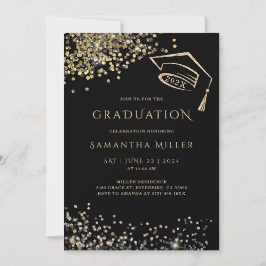 Zwart en Goud Afstuderen Sjabloon Kaart (Voorkant)