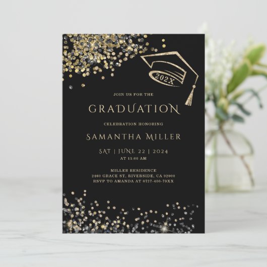 Zwart en Goud Afstuderen Sjabloon Kaart (Staand voorkant)
