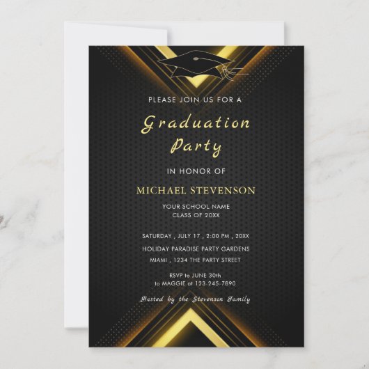 Zwart en Goud Afstuderen Uitnodiging Sjabloon (Voorkant)