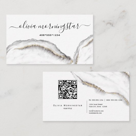 Zwart en Goud Agaat Marmer QR Code Visitekaartje (Voorkant / Achterkant)