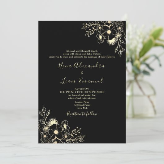 Zwart en Goud Alles in een bruiloft uitnodiging (Staand voorkant)