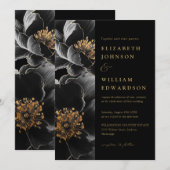 Zwart en goud alles in één luxe bloemenbruiloft kaart (Voorkant / Achterkant)