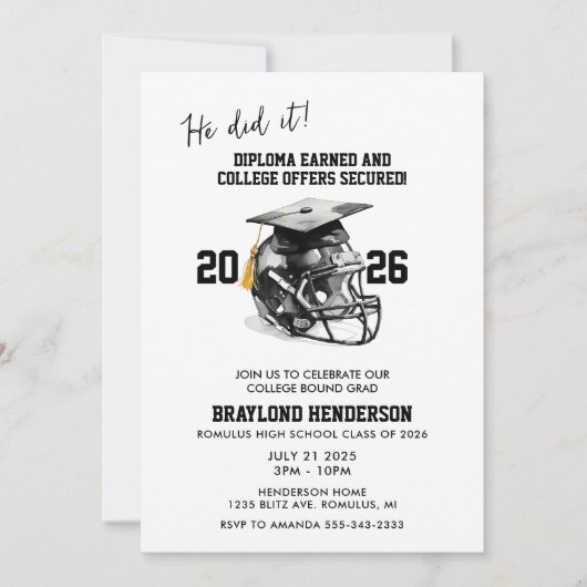 Zwart en Goud Amerikaanse Football Graduation Part Kaart (Voorkant)