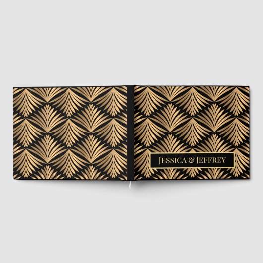 Zwart en Goud Art Deco Bloemen Gatsby Bruiloft Gastenboek (Volledig)
