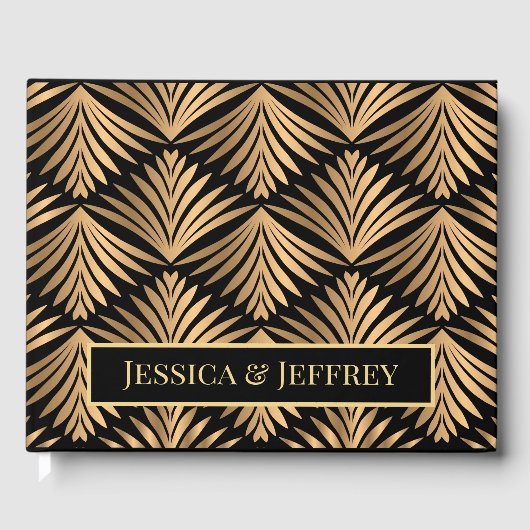 Zwart en Goud Art Deco Bloemen Gatsby Bruiloft Gastenboek (Voorkant)