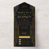 Zwart en Goud Art Deco Bruiloft All In One Uitnodiging (Binnen)