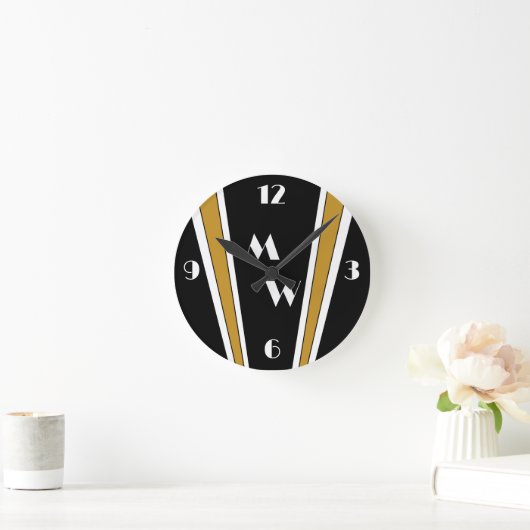Zwart en goud Art Deco Design Monogrammed Ronde Klok (Huis)