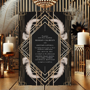 Zwart en Goud Art Deco Feather Wedding Kaart
