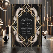 Zwart en Goud Art Deco Feather Wedding Kaart