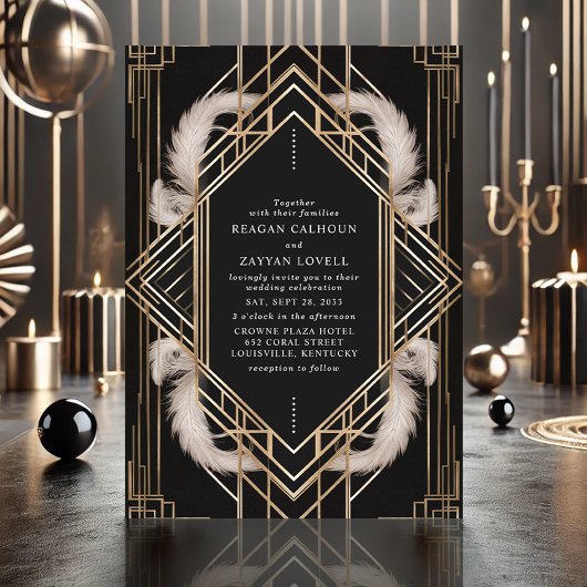 Zwart en Goud Art Deco Feather Wedding Kaart