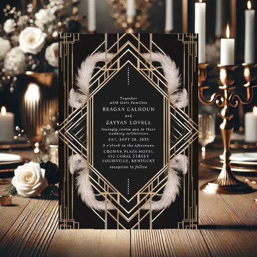 Zwart en Goud Art Deco Feather Wedding Kaart