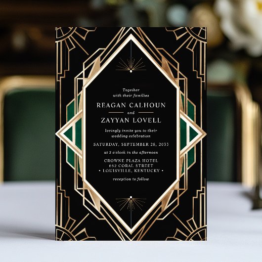 Zwart en goud Art Deco Geometrische Emerald Weddin Kaart