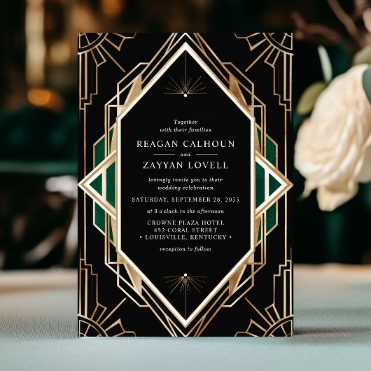 Zwart en goud Art Deco Geometrische Emerald Weddin Kaart