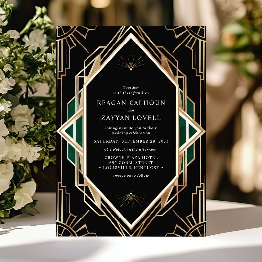 Zwart en goud Art Deco Geometrische Emerald Weddin Kaart