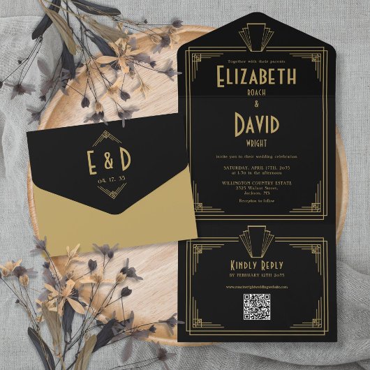 Zwart en Goud Art Deco Monogram QR Code Trouwen All In One Uitnodiging