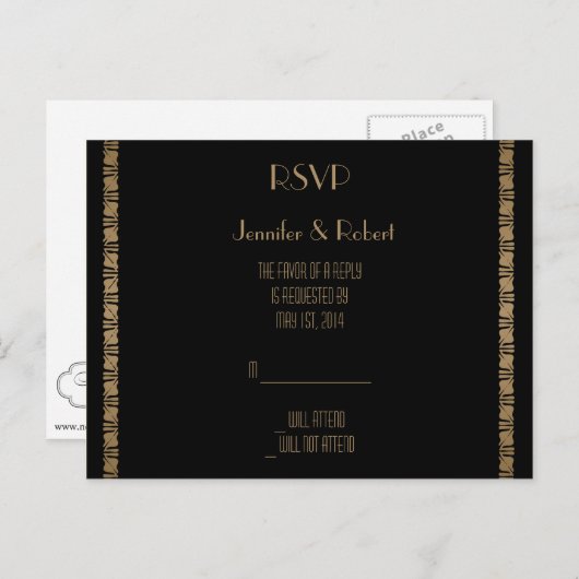 Zwart en Goud Art Deco Pauw RSVP Briefkaart (Voorkant / Achterkant)