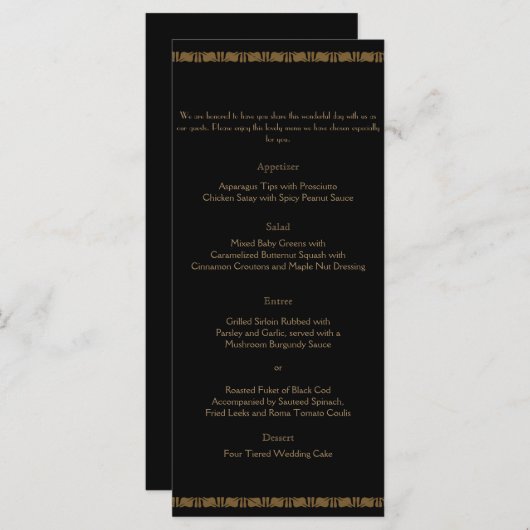 Zwart en Goud Art Deco Peacock Bruiloft Menu (Voorkant / Achterkant)