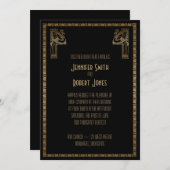 Zwart en Goud Art Deco Peacock bruiloft uitnodigin Kaart (Voorkant / Achterkant)