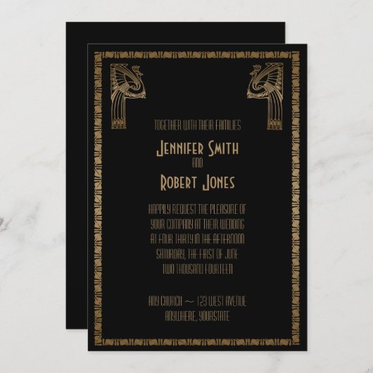 Zwart en Goud Art Deco Peacock bruiloft uitnodigin Kaart (Voorkant / Achterkant)