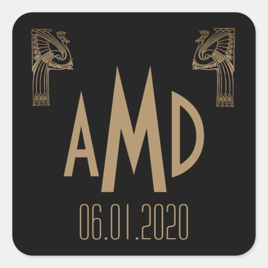 Zwart en Goud Art Deco Peacock Monogram Sticker (Voorkant)
