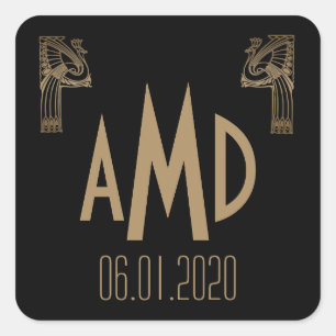 Zwart en Goud Art Deco Peacock Monogram Sticker