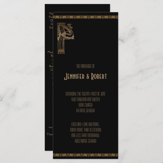 Zwart en Goud Art Deco Peacock Trouwprogramma Programmakaart (Voorkant / Achterkant)